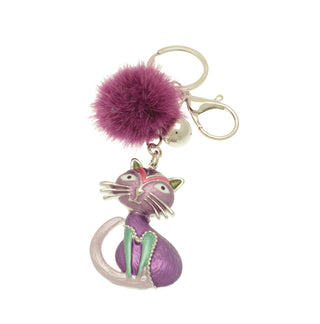 Purple Cat Pom Pom Keyring